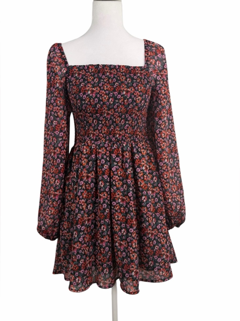 mi ami Floral Tunic Dress, Square Neck, Long Sleeves, Size M, Boho Vibes